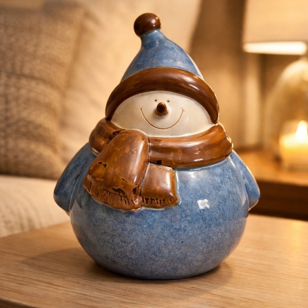 Ceramic Pottery Snowman Blue Glazed Jolly Round Snow Person Winter Figurine